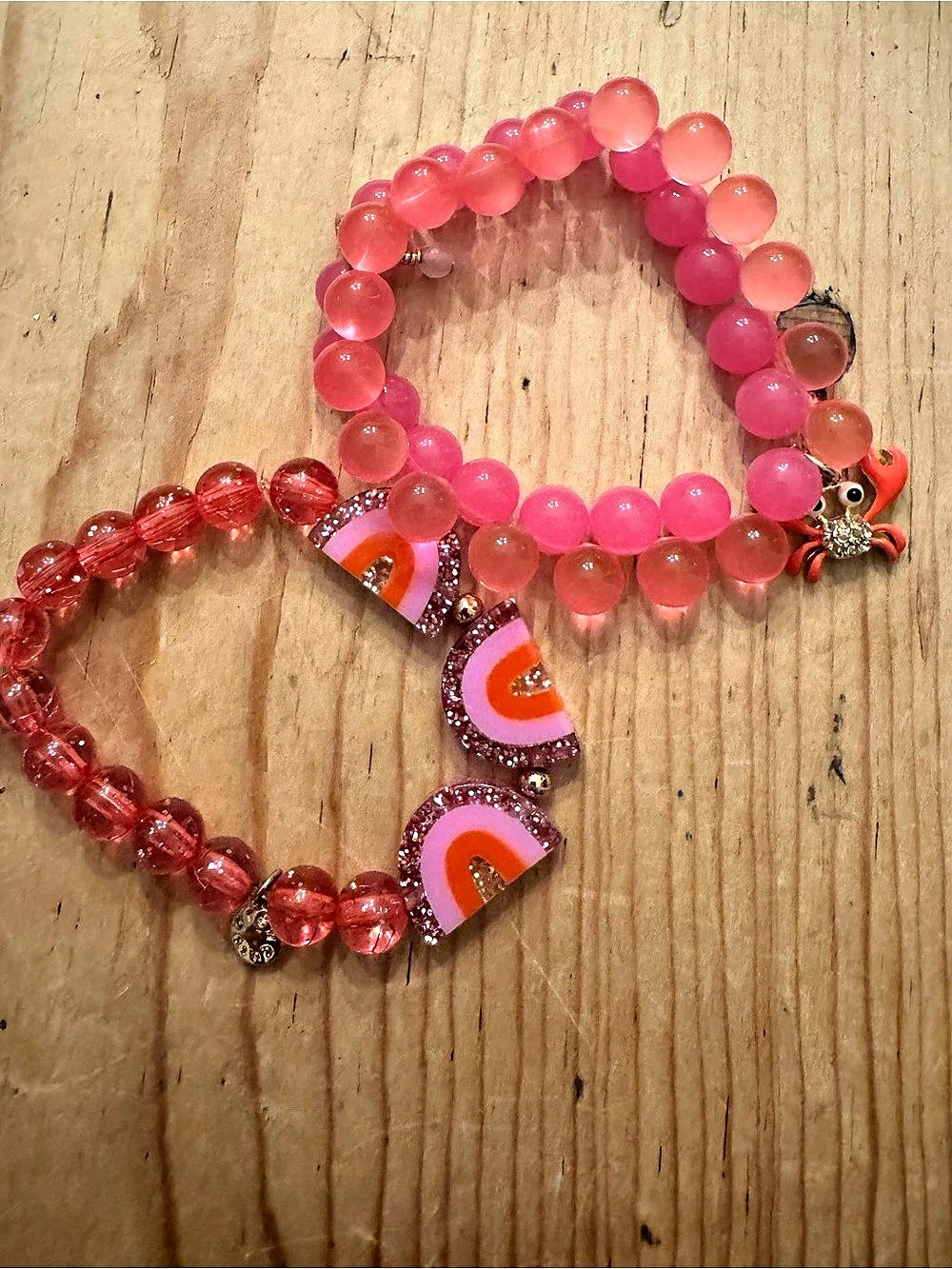 J Crew crew20cuts Kids Pink & Orange Beaded Charm Bracelets crab 🦀 watermelon 🍉